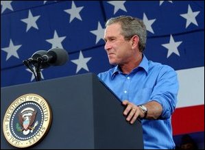 President George W. Bush delivers remarks celebrating our National Independence Day, commemorating the 100th anniversary of flight, and honoring our troops at Wright-Patterson Air Force Base in Dayton, Ohio, July 4, 2003. White House photo by Tina Hager